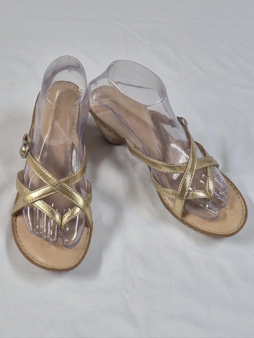 Born Women Gold Leather Strappy Crisscross Wedge Sandals Metallic Heel Sz 8